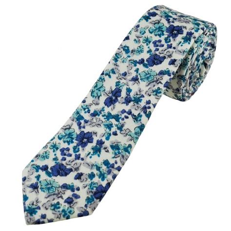 White And Blue Floral Pattern Men S Cotton Skinny Tie From Ties Planet Uk