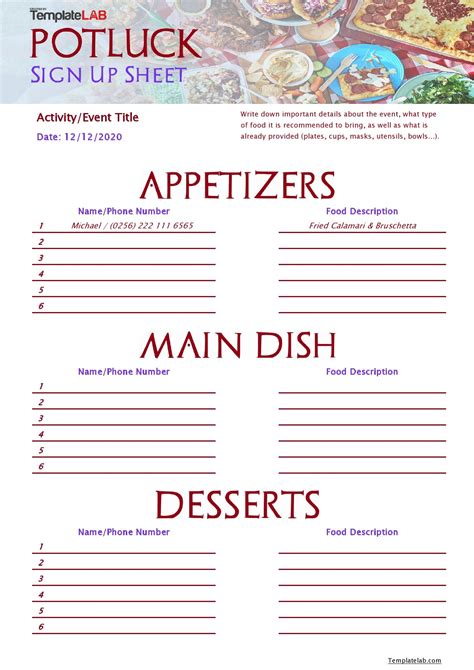 Christmas Potluck Sign Up Sheet Excel All Information About Healthy