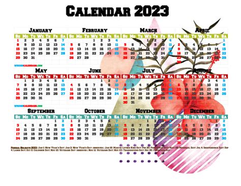 Printable Yearly Calendar Holiday Calendar Watercolor Images