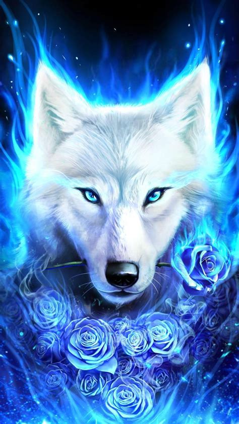 White And Blue Flame Wolf With Blue Roses By Huskyl On Deviantart