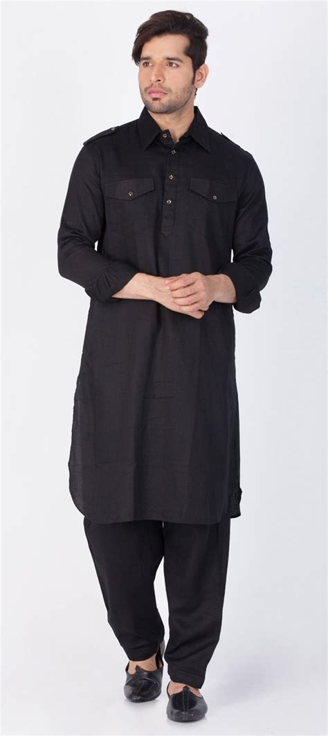 1503133 Black And Grey Color Cotton Fabric Pathani Suit