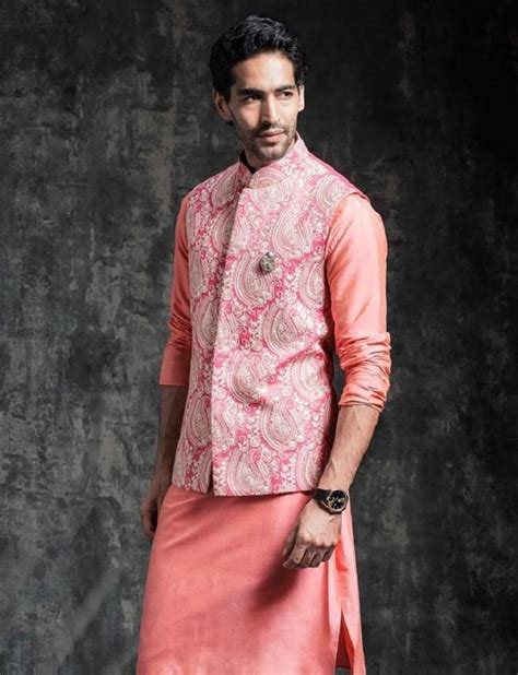 Pink Sleeveless Nehru Jacket With Moltifs Wedding Kurta For Men Wedding Dresses Men Indian