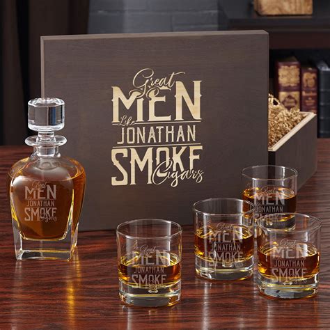 Set includes elegant mahogany stained wood stand, tray. Great Men Smoke Cigars Engraved Liquor Decanter and Scotch ...