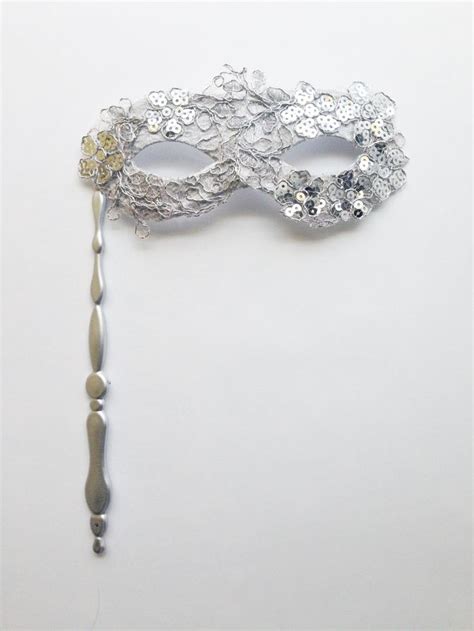 Silver Masquerade Mask On Stick Womens Hand Held Mask Masquerade