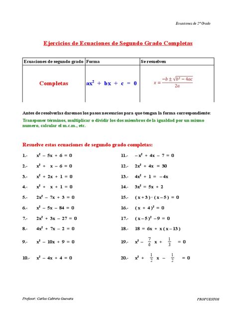 Ecuacion De Segundo Grado Ejercicios Ecuaciones Objetos Matemáticos