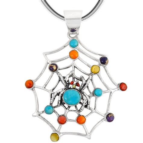 Spider Web In Turquoise Gemstones Pendant Necklace Sterling