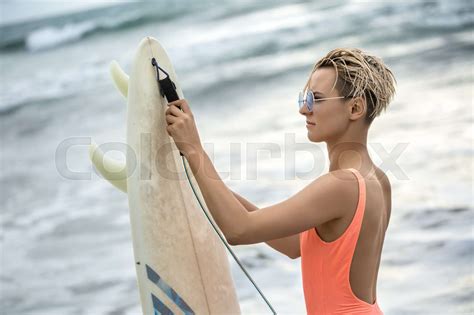 Girl With Surfboard On Beach Stock Image Colourbox