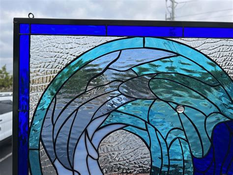 Beautiful Cresting Blue Wave Leaded Stained Glass Window Panel