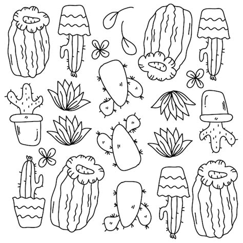 Premium Vector Cactus Plants Set With Doodle Line Style Vector