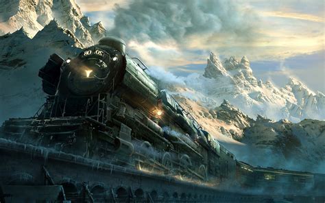Landscape Train Railway Mountain Snow Frost Machine Clouds