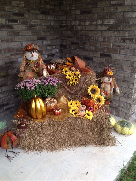 Front Porch Hay Sunflowers Mums Pumpkins And Scarecrows Fall