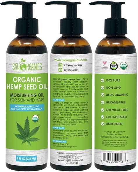 Organic Hemp Seed Oil By Sky Organics 8oz 100 Pure Cold Pressed Hemp