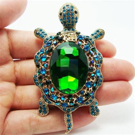 Green Crystal Turtle Brooch Charming Lady Wearing Jewelry Etsy In