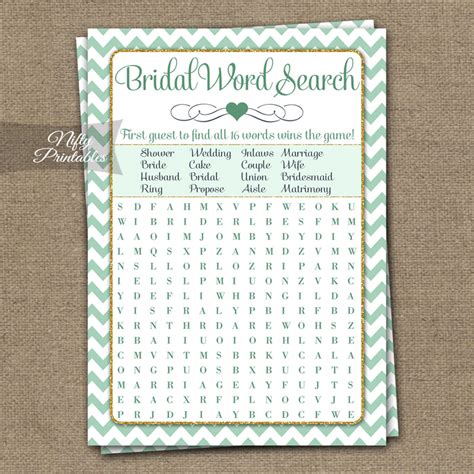 Printable Bridal Shower Word Search Game Mint Gold Chevron