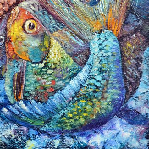 Abstract Fish Painting Original Art Large Colorful Blue Wall Etsy