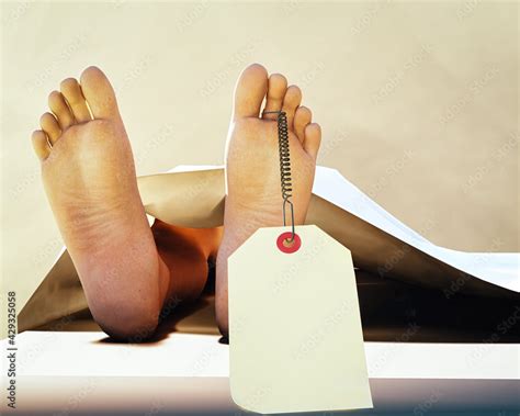 Doa Dead Body On Coroner Table Feet Showing With Toe Tag Illustration