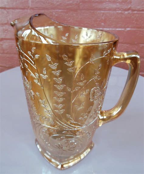 Jeannette Glass Iridescent Floragold Louisa 64 Ounce Pitcher Glassware Vintage Glassware Pitcher