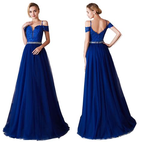 royal blue off shoulder evening dresses long prom gowns a line floor length spaghetti lace