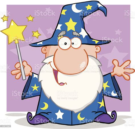 Funny Wizard Waving With Magic Wand And Background Stock Illustration