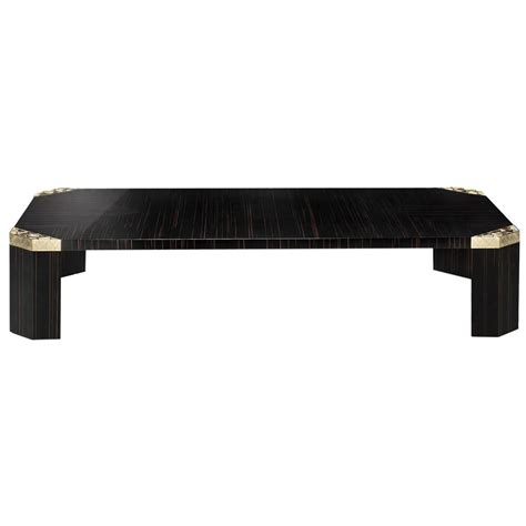 Wood Brass Inlaid Coffee Table With Ebony Base And Brass Footed Legs At