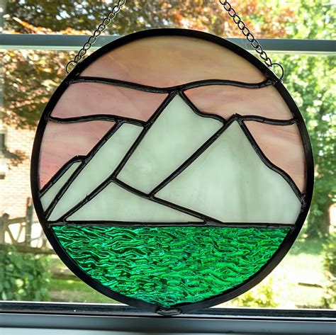 Stained Glass Mountain Landscape Round Stained Glass Window Panel