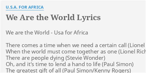 We Are The World Lyrics By Usa For Africa We Are The World