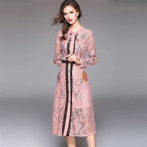 floral embroidery dress women summer long sleeve sexy lace dresses pink black sky blue elegant