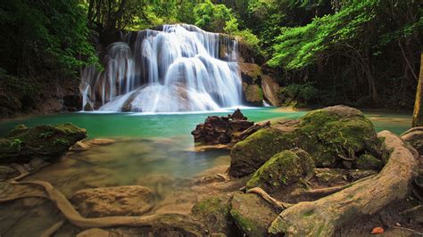 Photo Thailand Cliff Nature Waterfalls Park Tropics Moss 1920x1080