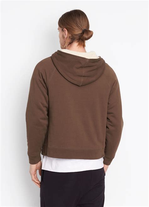 vince cotton sherpa lined half zip hoodie in mushroom brown for men lyst