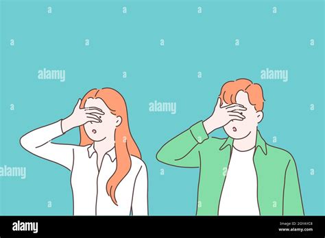 Turning Blind Eye Cartoon Concept Woman And Man Closing Eyes With Palm