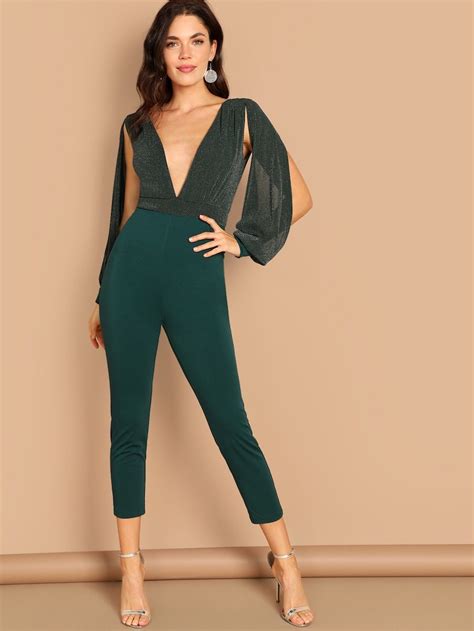 deep plunge v neck split sleeve jumpsuit shein sheinside jumpsuit with sleeves jumpsuit