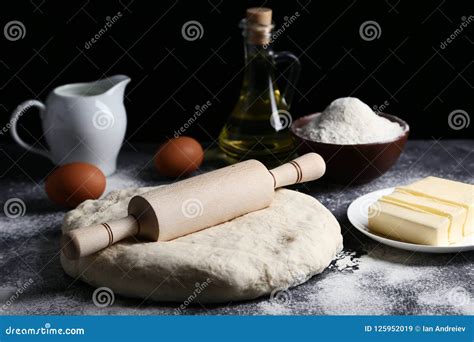 Raw Dough With Rolling Pin Stock Image Image Of Fresh 125952019