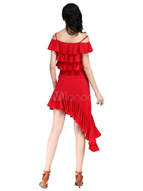 Red Straps Latin Dance Dress High Low Milk Silk Dress