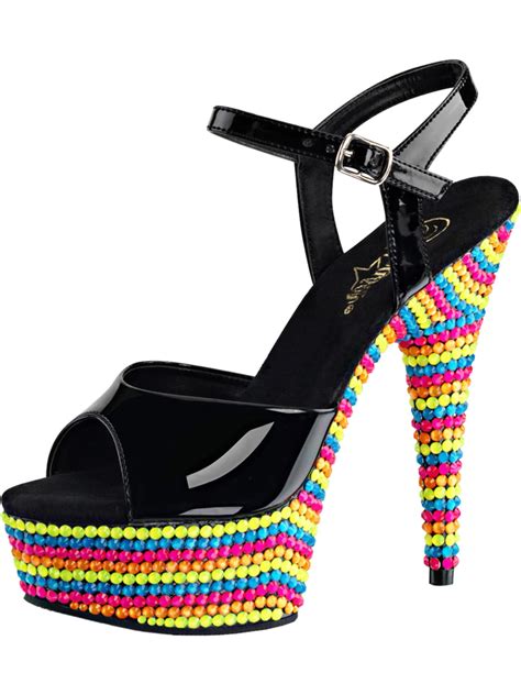 Pleaser Womens High Heels Sandals Black Shoes Multi Color Stone Blacklight 6 Inch Heels