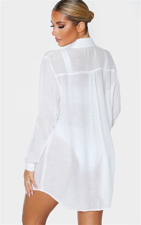 White Linen Look Oversized Beach Shirt Prettylittlething