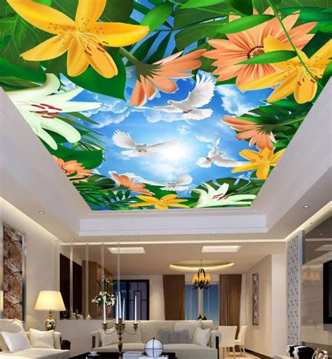 3d Ceiling Murals Wallpaper Stereoscopic Plant Flowers Blue Sky And