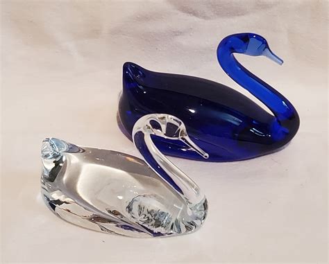 2 Vintage Glass Swans Cobalt Blue Glass Swan Clear Glass Swan Etsy