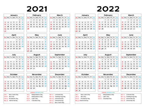 Printable 2021 And 2022 Calendar Two Year 12 Templates