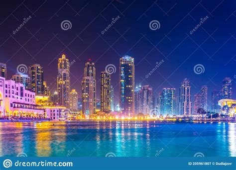 Night View Over The Burj Khalifa Lake Uae Editorial Photography
