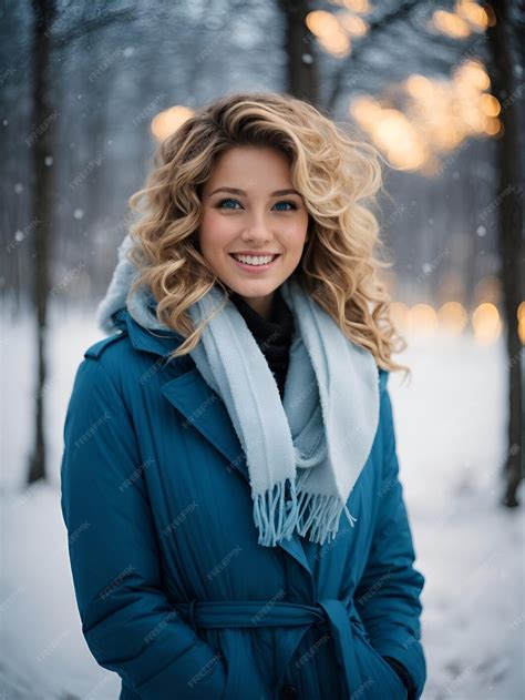 Vorne Steht Ein Mädchen In Den Zwanzigern Mit Lockigem Blondem Haar Das Einen Blauen Mantel Und