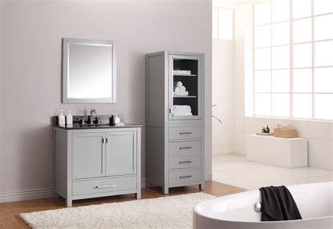 The Modero Vanity In 36 Inch In Chilled Gray With Matching Linen Tower