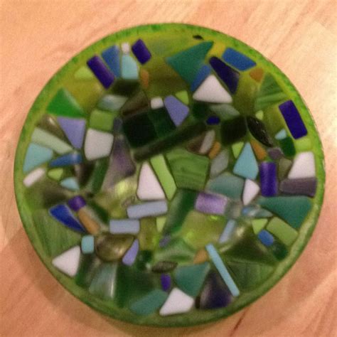 11 Shallow Bowl By Kim Natwig Made With Scraps On A Green Translucent And Sandblasted To A