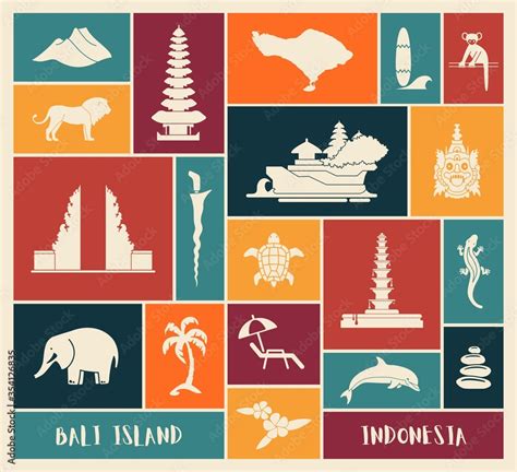 Vetor Do Stock Bali Indonesia Icons Set Attractions Flat Design