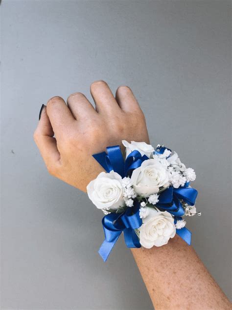 White Wrist Corsage With Blue Ribbon The Lush Lily Brisbane Florist