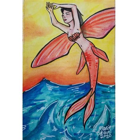 Flying Fish Mermaid Original Watercolor 65 X 11 Inch Etsy