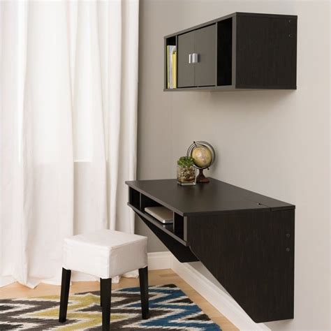 The most common floating desks material is wood. Prepac Designer Floating Desk with Hutch in Washed Ebony ...