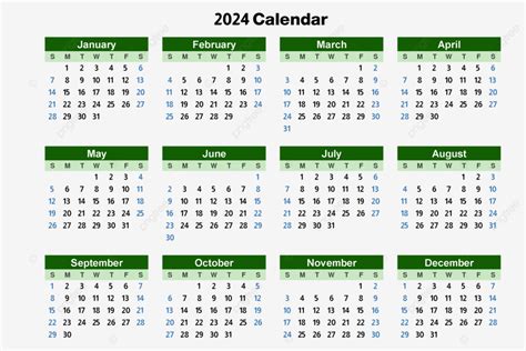 간단한 2024 달력 녹색과 검정색 벡터 2024년 달력 달력 2024년 달력 디자인 Png 일러스트 및 벡터 에 대한