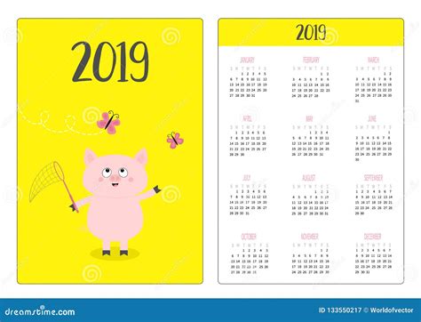 Pig Piggy And Butterfly Simple Pocket Calendar Layout 2019 New Year