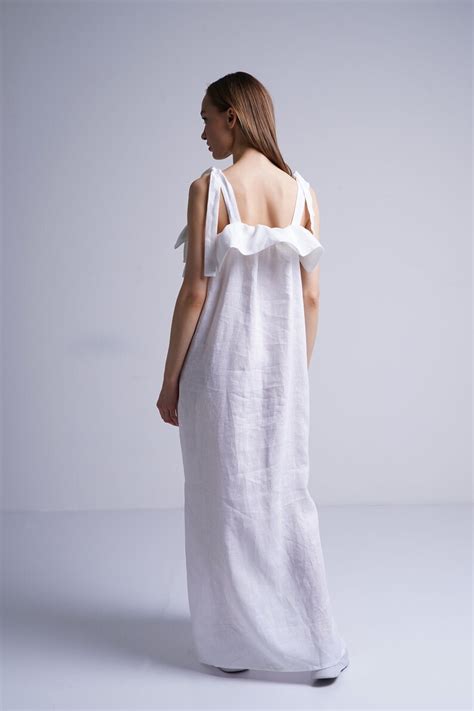 White Long Linen Dress Women Ruched Neckline Sleeveless Etsy