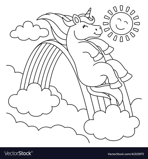Unicorn Sliding Over The Rainbow Coloring Page Vector Image